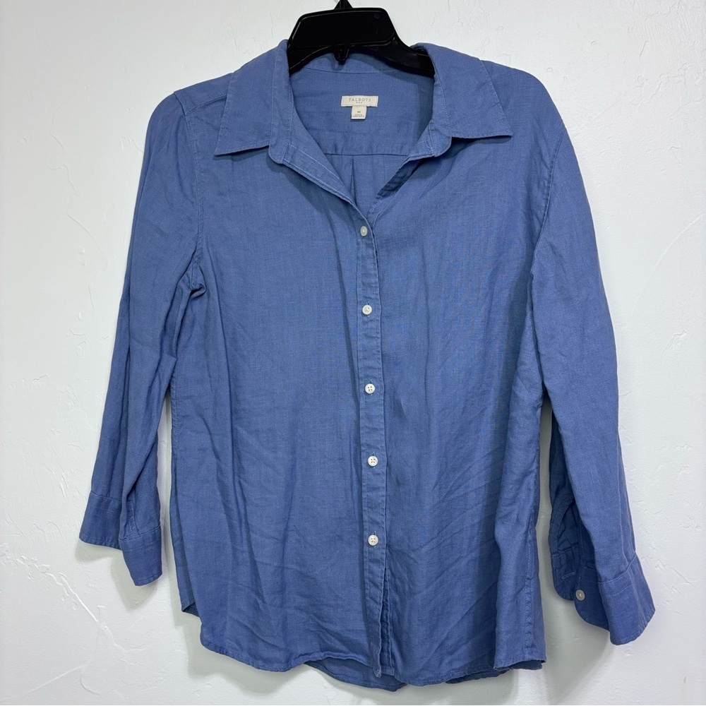 Talbots Medium Button Up Shirt Women's Blue Long Sleeve 100% Linen